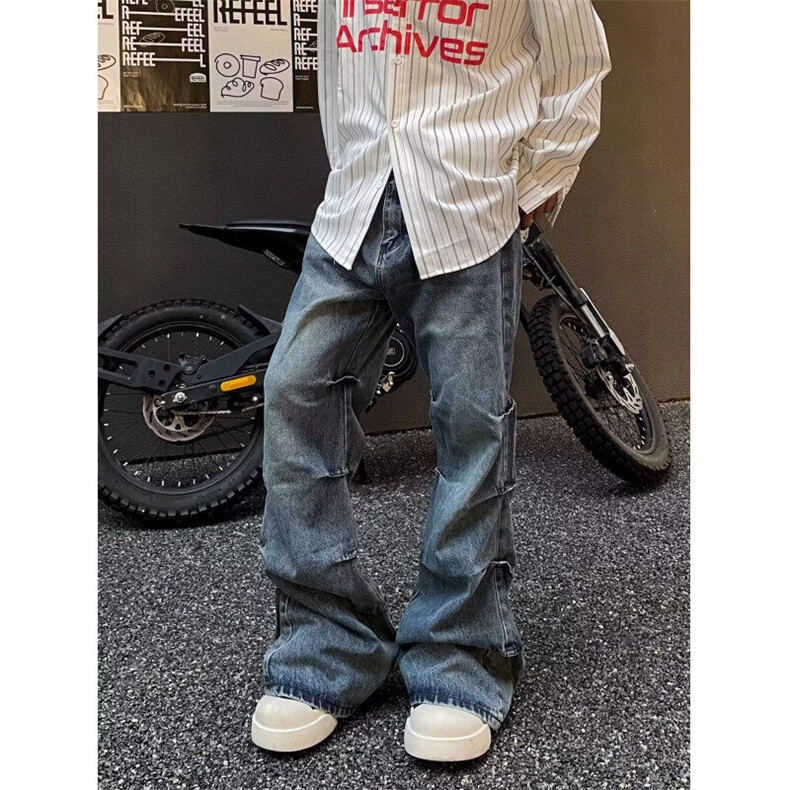 美式复古水洗褶皱设计感牛仔裤男宽松时尚微喇牛仔裤NB51,男装休闲裤,星座1116A（原606A-3）