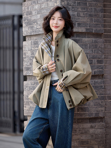 水衣源2796款灯笼外套女咸菜绿立领格子拼接洋气一手长风衣图片