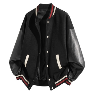美式PU皮撞色棒球服毛呢宽松男女飞行夹克J826-P85图片