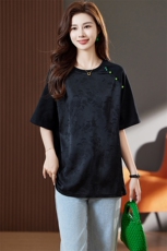 提花拼接短袖t恤女春夏新中式大码上衣2025年新款复古女装潮，女装T恤，丽影随形