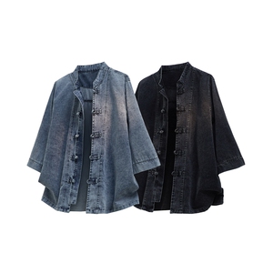 夏季牛仔七分袖衬衫盘扣立领上衣宽松大码男休闲CS2504-P7088图片