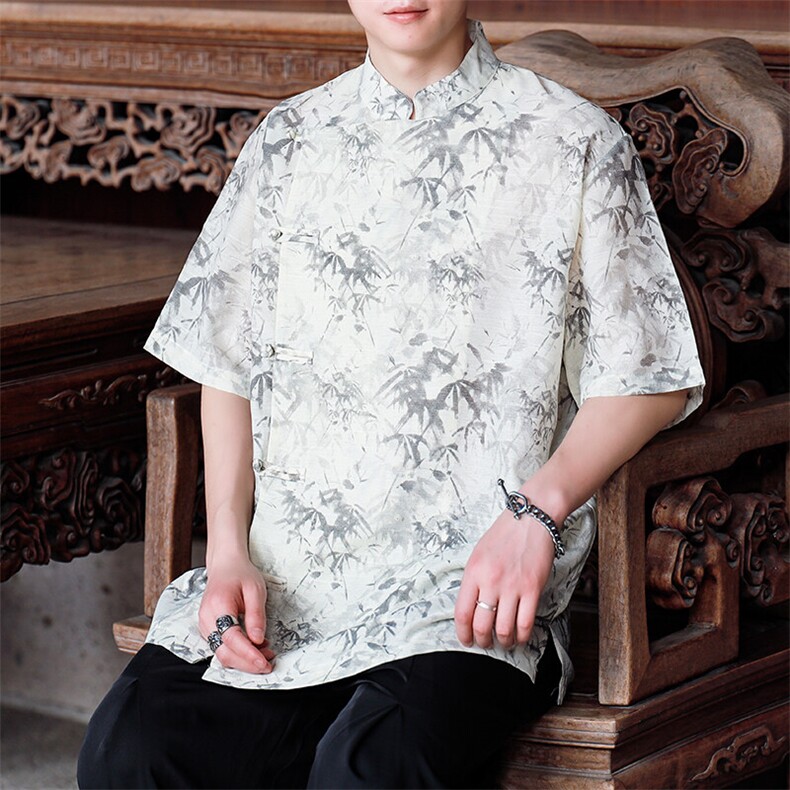 新中式男士现货大码棉麻竹叶渲染印花短袖衬衣CS35-P65控89,男装T恤,电商A021