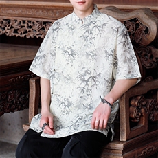 新中式男士现货大码棉麻竹叶渲染印花短袖衬衣CS35-P65控89，男装T恤，电商A021