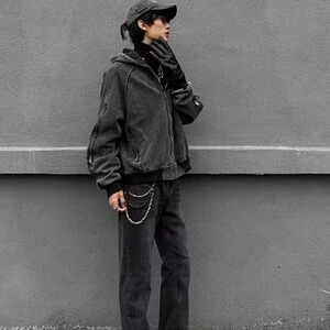 美式复古简约休闲百搭开衫卫衣秋冬水洗做旧宽松连帽外套图片