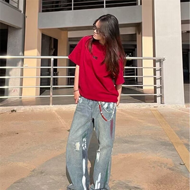 重磅纯棉短袖T恤女夏季2025新款美式简约字母刺绣设计感情侣上衣,男装T恤,星座506A