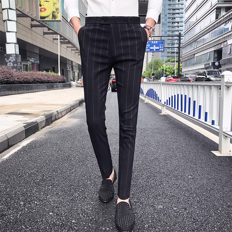 春夏英伦条纹休闲西裤韩版修身小脚裤商务长裤发型师图片