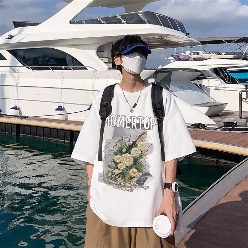 港风油画花朵创意印花夏季重磅落肩袖短袖t恤B239-1271-P28,男装T恤,星座514-2(原B239)
