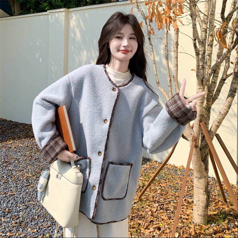 浅蓝色皮毛一体羊羔毛外套女秋冬2025新款小个子巨好看高级感棉服,女装短外套,2C131