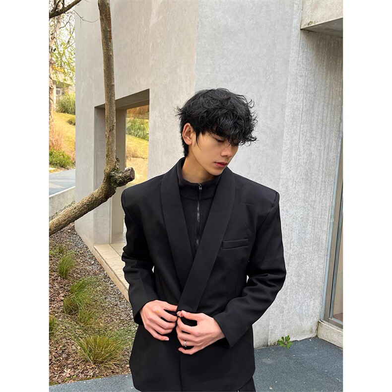 网图青果领黑色西装外套男解构设计高级痞帅收腰西服XZ26P118,男装西服套装,星座512-1（原513-3）