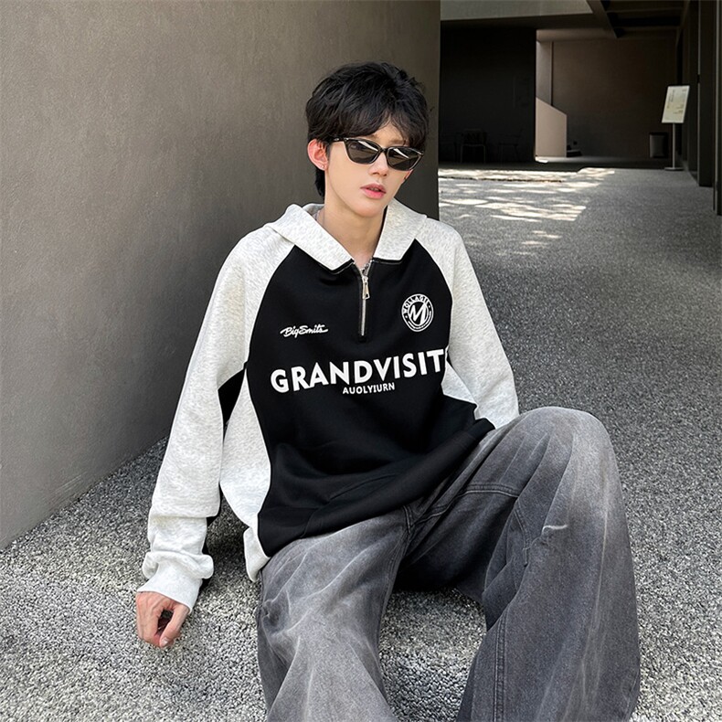 秋季宽松休闲拼接POLO套头卫衣潮外套XZ808B-WH085-P50,男装Polo衫,星座808B