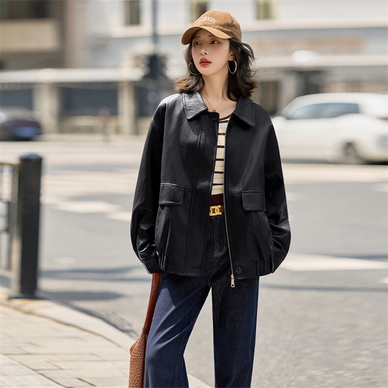 海宁皮衣女外套2025春秋新款时尚皮夹克时尚休闲宽松显瘦上衣，女装皮衣，美拉德工厂直营店