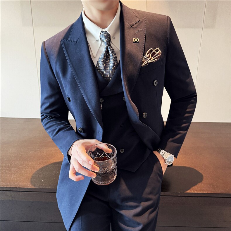 秋冬主推厚款暗条纹色织高档双排扣西装三件套藏青色SJT8068-P295，男装西服套装，电商A213
