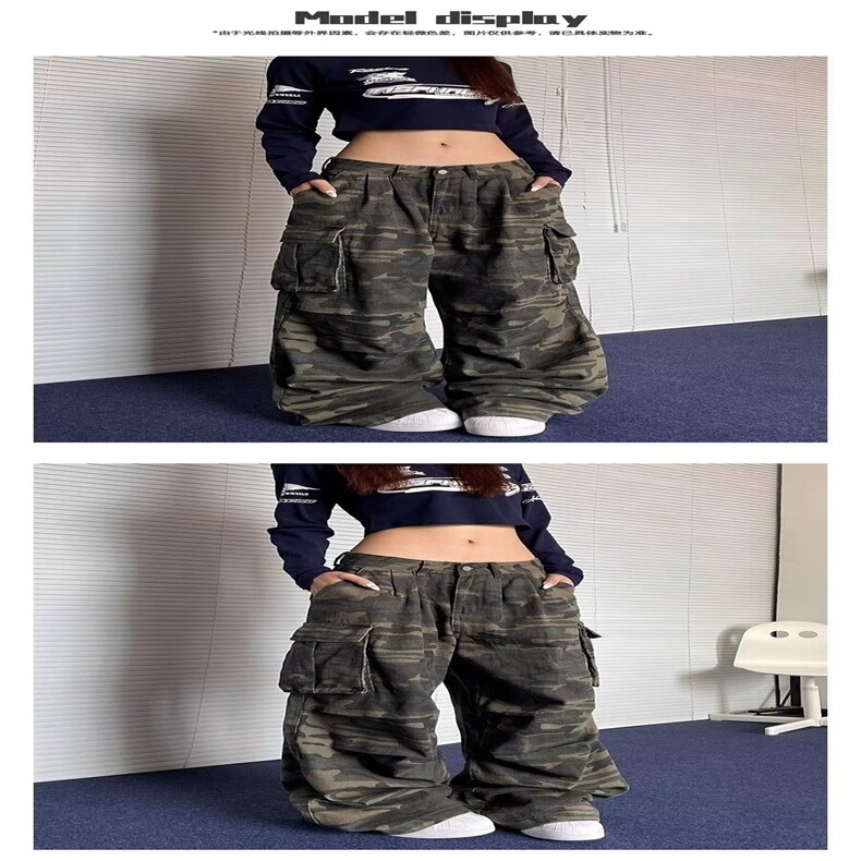 美式高街复古多口袋迷彩牛仔裤女潮牌街头直筒堆积感长裤子,男装牛仔裤,星座218-8
