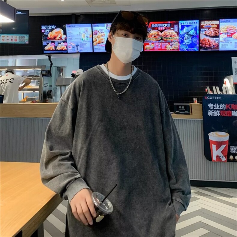高街水洗做旧长袖t恤男秋季宽松卫衣ins复古重磅打底衫W6240-P32,男装卫衣,星座512-2