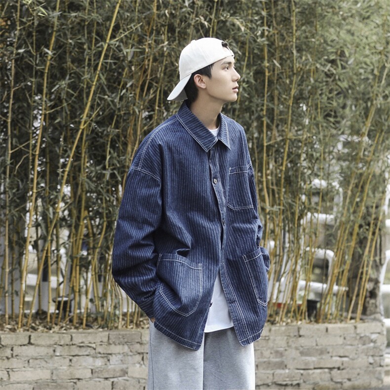 秋季复古条纹衬衫男日系ins宽松衣cityboy工装外套CS062-P45,男装衬衫,星座308B-1