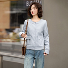 2025春秋季新款高级感质感长袖短款圆领pu皮衣夹克欧美时尚外套女，女装皮衣，跑量工厂店