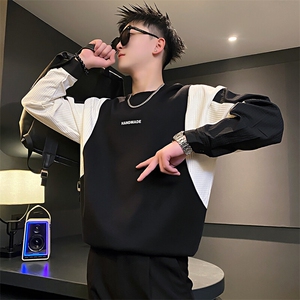 AW187/特P88控118春季社会小伙设计感字母拼接撞色百搭卫衣男黑首图片