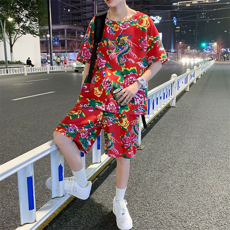 TZ203夏季新款男士T恤短裤套装东北大花大码红色蓝色青年运动套装,男装休闲套装,星座115A(原星座507）