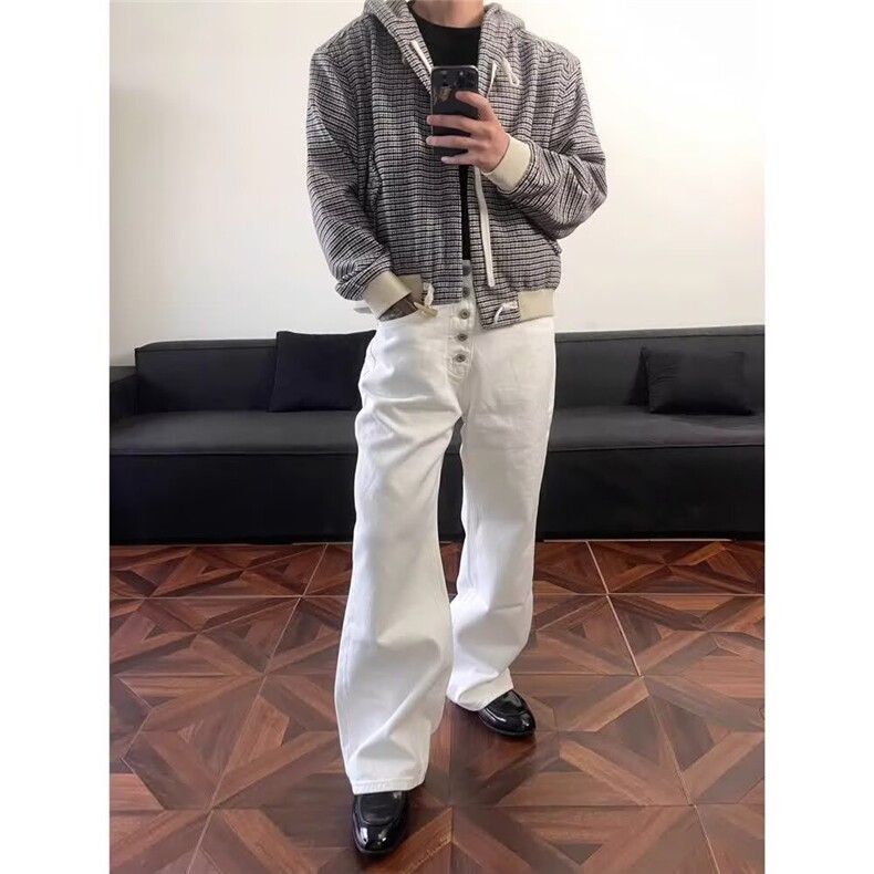 美式高街复古丹宁白色阔腿弯刀牛仔裤男百搭宽松垂感百搭休闲裤子,男装牛仔裤,四季星座505