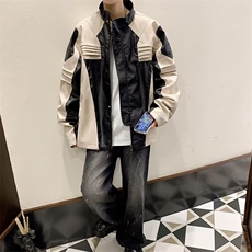 男春秋韩版潮流潮牌港风宽松拼接撞色休闲皮衣上衣服外套，男装夹克，星座716-2