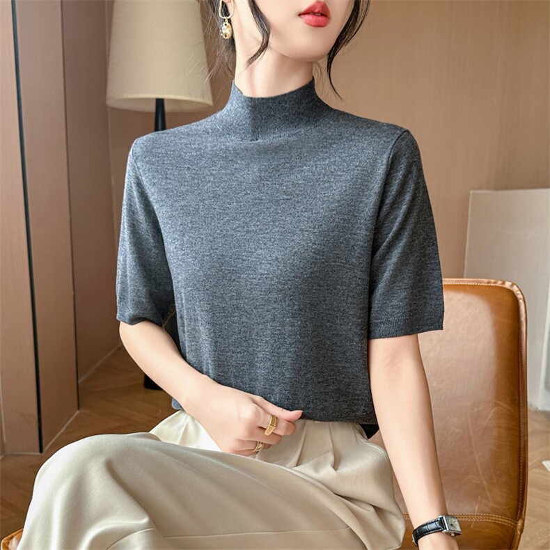 半高领天丝针织中袖T恤女修身显瘦春夏新款莱塞尔五分袖内搭打底,女装羊毛衫,庆大羊绒