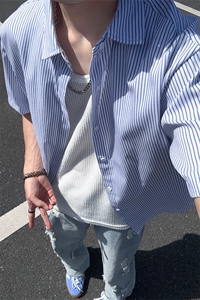B221 美式ins高街宽松薄款条纹短袖衬衫SY2552-特P28控49图片