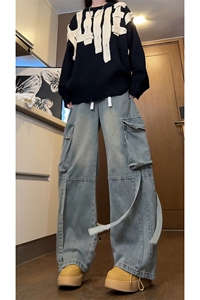 A1430TP55控88-秋季新款飘带工装牛仔裤男潮牌宽松直筒嘻哈裤子图片