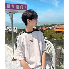 抖音得物供货240克宽松纯棉美式潮牌印花三杠半织带短袖T恤AT1612，男装T恤，电商A443