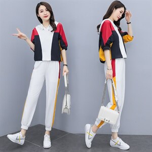 2021夏季新款简约时尚优雅气质撞色拼接连帽休闲两件套图片