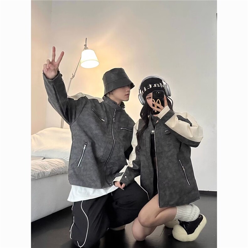 WT89-P75美式拼接冲锋衣外套男女2025新款宽松学生休闲立领,男装夹克,电商B323A