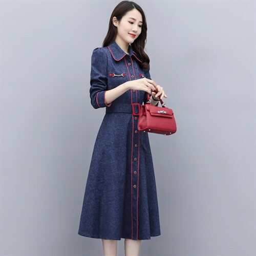 现货2024年秋季新款时尚大摆连衣裙气质淑女百搭拼接大码风衣，女装连衣裙，尚洛菲