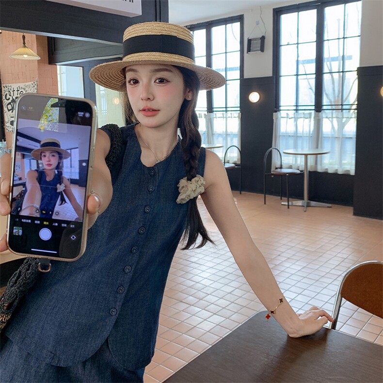 港风休闲牛仔马甲短裤套装女夏2025新款小个子显瘦遮肉爆款两件套,女装套装/套裙,2C009