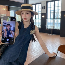 港风休闲牛仔马甲短裤套装女夏2025新款小个子显瘦遮肉爆款两件套，女装套装/套裙，2C009