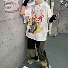 2023美式校园风短袖男设计感小众复古日系翻领t恤，男装T恤，星座716-4