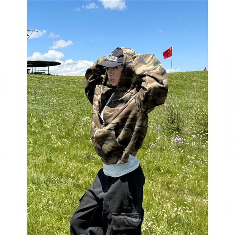 原宿百搭潮流气质慵懒迷彩色华棉高质量毛巾绣拉链卫衣日系新款，女装卫衣/绒衫，星座506A