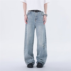 浅蓝色破洞牛仔裤男夏cleanfit美式复古宽松阔腿直筒裤RK2946-P50，男装牛仔裤，星座412-3