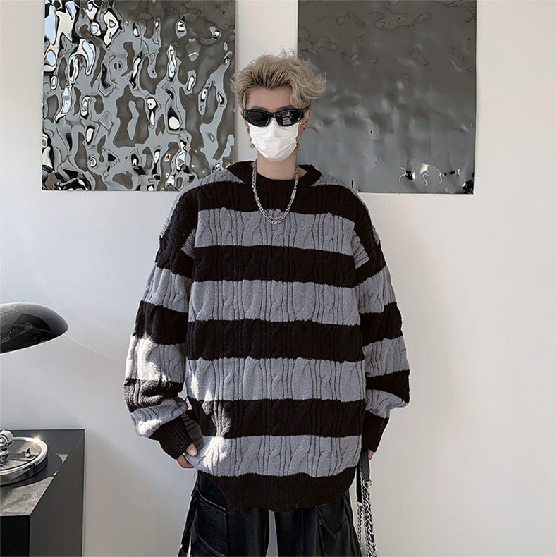 B232-P48秋冬韩版ins圆领麻花针织衫潮流宽松慵懒风条纹毛衣男,男装针织衫/毛衣,星座512-6