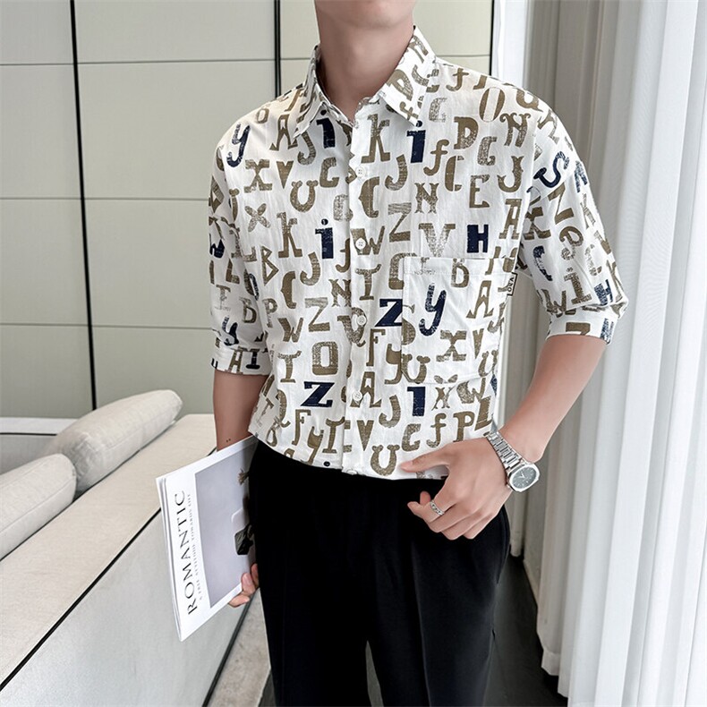 2025春季新款衬衫男士轻奢印花七分袖衬衫打底上衣901-C41P58,男装衬衫,星座901
