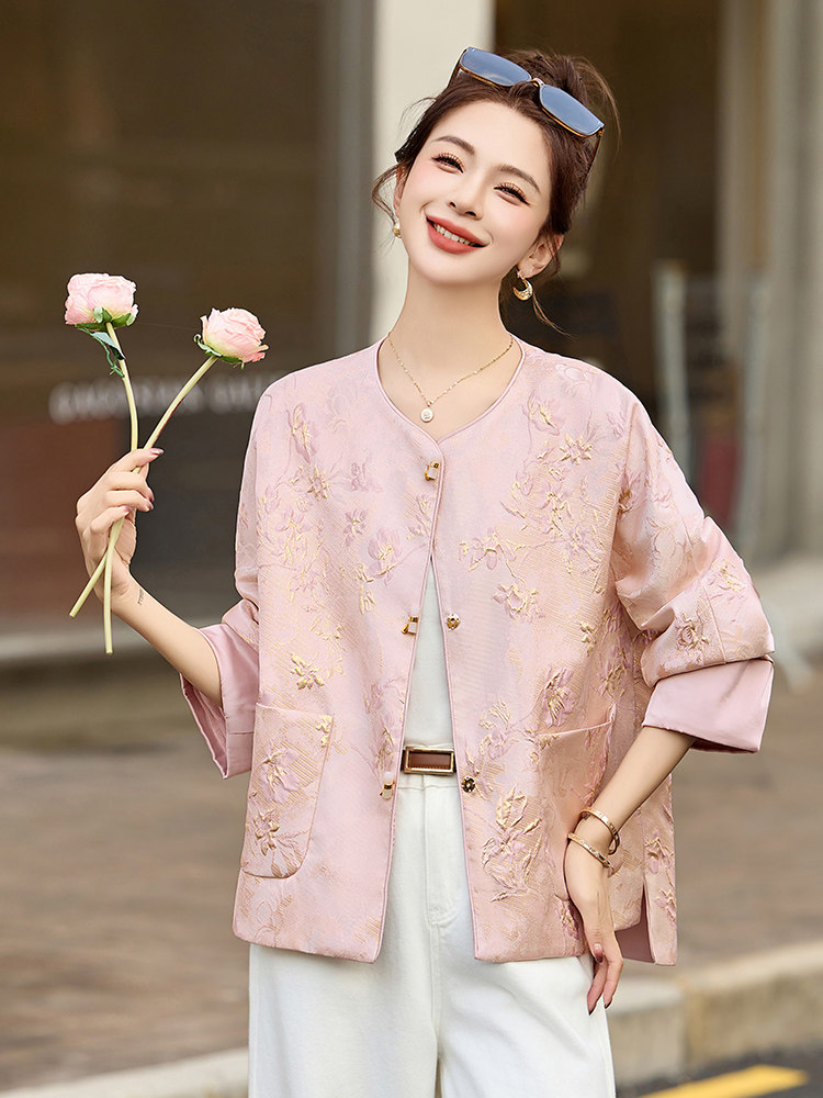 粉色小香风圆领提花外套女2025春季新款今年流行新中式小西服上衣,女装短外套,美沁