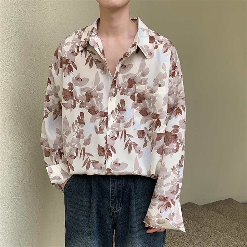 春季新款风水墨画冰丝长袖衬衫男士上衣潮225-2-CS703-P40,男装衬衫,星座225-2