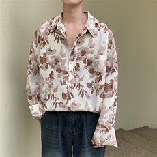 春季新款风水墨画冰丝长袖衬衫男士上衣潮225-2-CS703-P40，男装衬衫，星座225-2