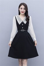 2021春季新款优雅时尚镂空领花拼色连衣裙配腰带，女装连衣裙，岚衣(原川流布茜）