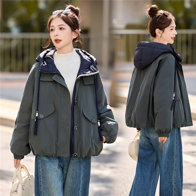90白鸭绒宽松大版休闲拼接工装派克假两件连帽羽绒服,女装羽绒服,采品优优