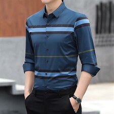 2023春秋季新款条纹衬衫男长袖中年男装潮流商务休闲宽松薄款寸衫，男装衬衫，电商B212（原钱塘6029）