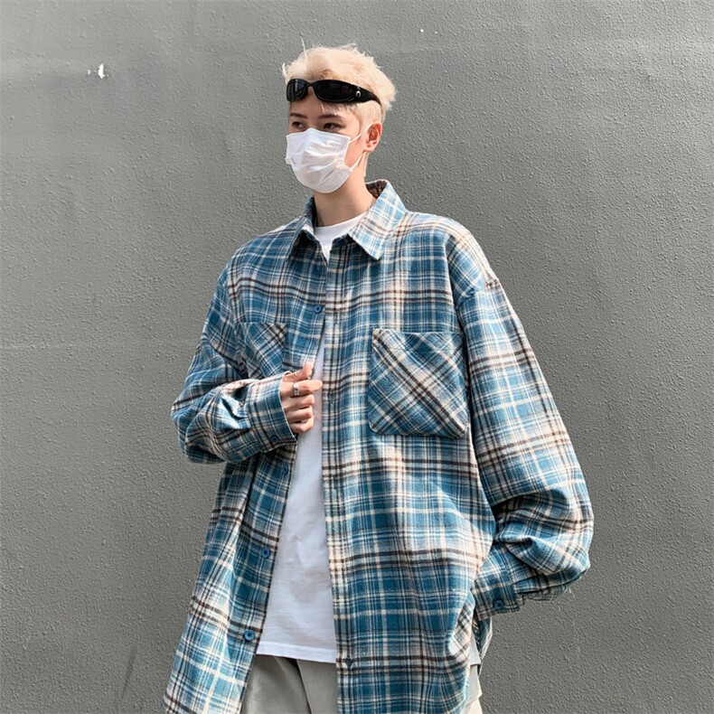 格子衬衫男士长袖2024春季新款港风美式复古ins潮牌宽松衬衣外套,男装衬衫,星座410-7