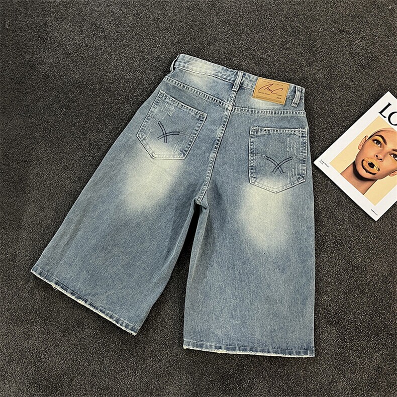 美式夏季做旧水洗破洞牛仔短男痞帅休闲宽松五分裤潮DK008-P48,男装牛仔裤,星座308B-1