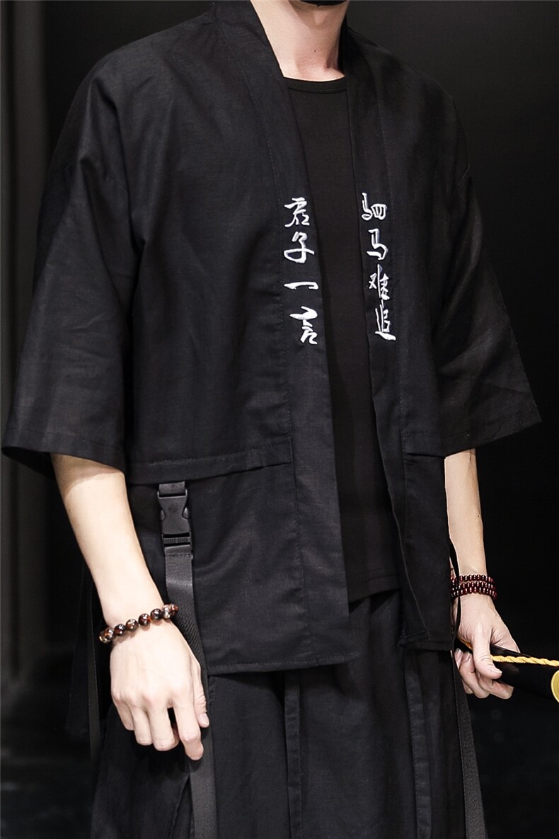 7042夏季中国风新款亚麻开衫武士剑客侠客飘逸刺绣衬衫潮日系,男装衬衫,钱塘715