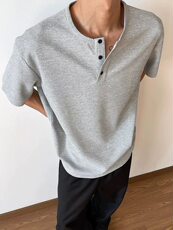 浅灰色cleanfit亨利领t恤男夏季美式华夫格亨利衫短袖内搭打底衫，男装T恤，星座809A(原222-1)