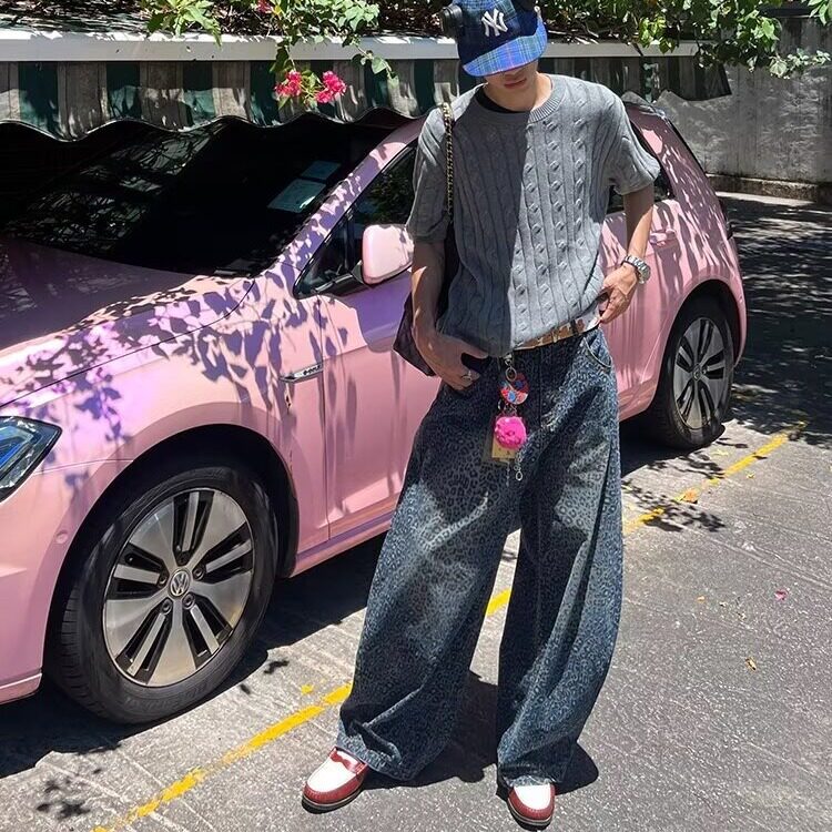 美式复古设计感豹纹阔腿牛仔裤男2025新款宽松显瘦拖地直筒裤,男装牛仔裤,星座410-6（原星座1304-1）