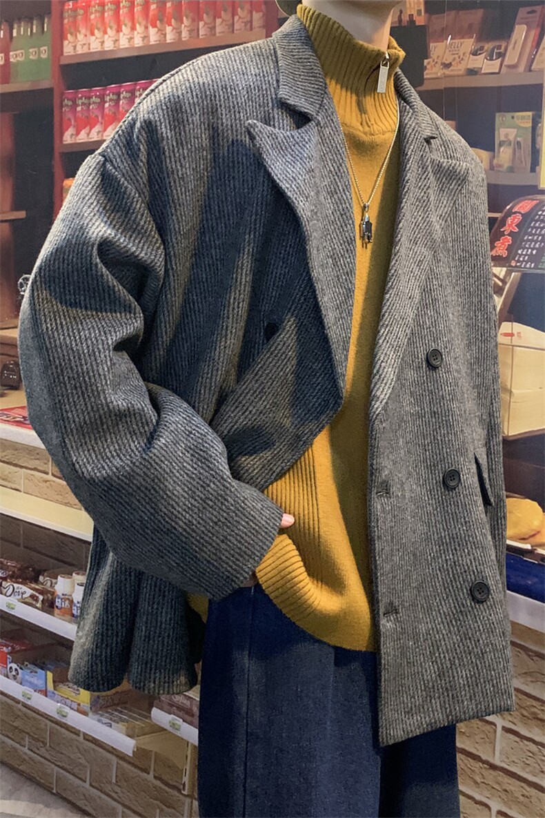 毛呢外套休闲潮灰色小西服上衣潮流ins双排扣呢子大衣W1734-P60,男装夹克,星座512-2